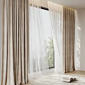 Modern Beige Curtain With Sheer Layer And Natural Light Through Window And Green Trees