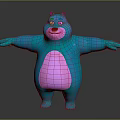 Friendly Cartoon Bear Character With Blue Body Pink Belly Purple Ears And Open Arms