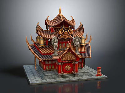Cartoon Style Traditional Chinese Temple With Red Gold Decorations Stone Lions And Multi Layered Roofs 3d model