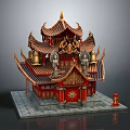 Cartoon Style Traditional Chinese Temple With Red Gold Decorations Stone Lions And Multi Layered Roofs