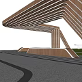 Outdoor Pergola With Curved Wooden Frame Glass Roof Panels White Circular Bases On Green Lawn