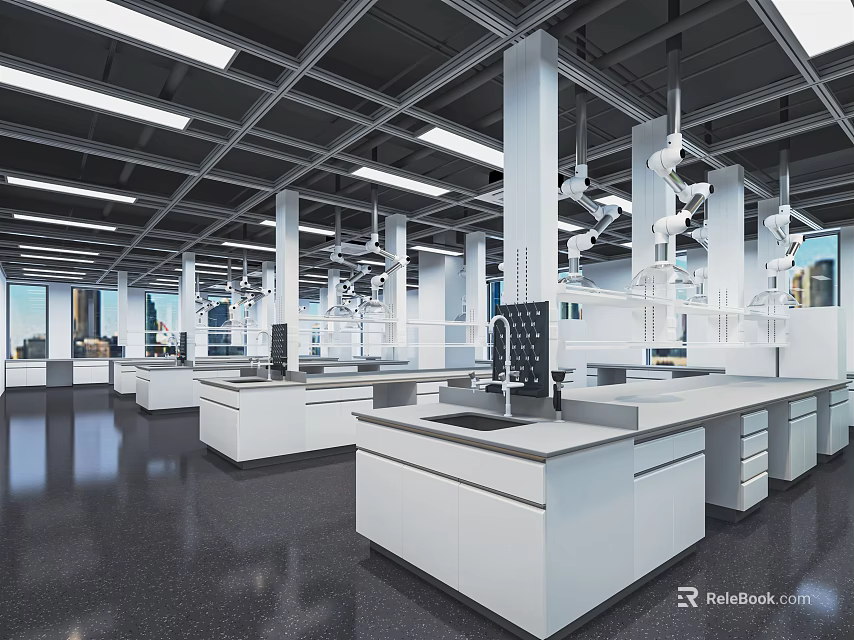 Spacious Modern Laboratory With Open Layout White Benches And Hanging Equipment 3d model 