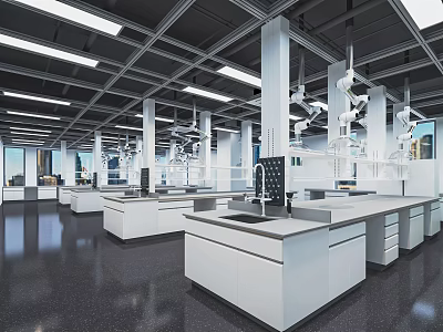 Spacious Modern Laboratory With Open Layout White Benches And Hanging Equipment 3d model