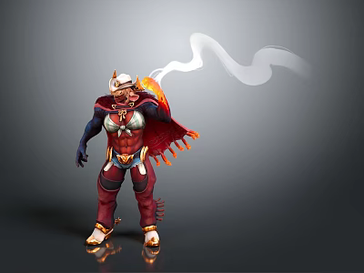 Horned Game Movie Character In Red Armor With Cape And Smoke Effect 3d model