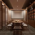 Traditional Chinese Teahouse Interior With Wooden Table Lattice Screens Green Plants And Hanging Scrolls