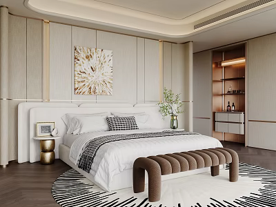 Modern Bedroom Interior Design With Bed Artwork Plants Bench Wardrobe And Zebra Print Rug 3d model