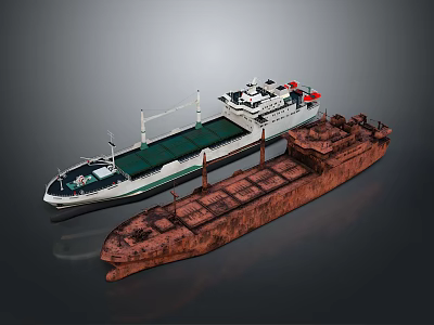 Modern Cargo Ship and Rusted Old Ship Models Displayed on Dark Surface 3d model