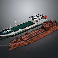 Modern Cargo Ship and Rusted Old Ship Models Displayed on Dark Surface 3d model
