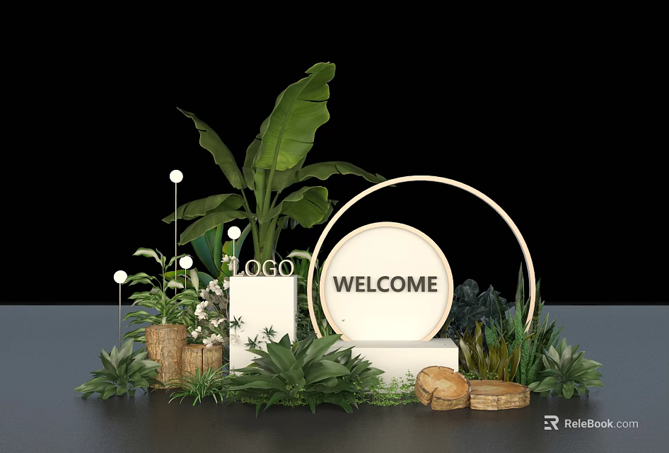 Modern Decorative Welcome Setup With Green Plants Logo Circular Frame And Natural Accents 3d model 