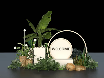 Modern Decorative Welcome Setup With Green Plants Logo Circular Frame And Natural Accents 3d model