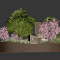 Charming Cartoon Scene Featuring Cute Cottage Colorful Trees Pink Flowers And White Picket Fence
