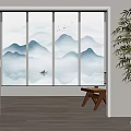 Chinese Landscape Pattern Curtain In Minimalist Interior With Bamboo Plant And Wooden Stool