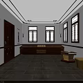 Traditional Chinese Entrance Featuring Red Door Golden Decor Lanterns Black Walls Yellow Patterns Checkered Floor