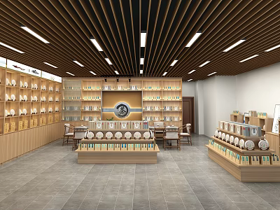 Modern Specialty Store Interior With Wooden Bookshelves Display Shelves And Tables 3d model