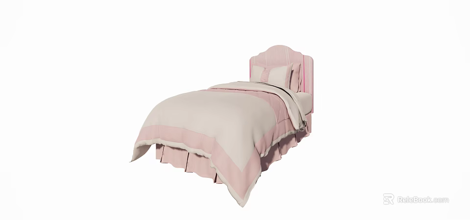 Pink Single Bed with Upholstered Headboard Beige Quilt and Ruffled Skirt 3d model 