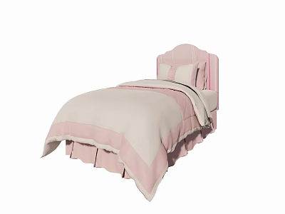 Pink Single Bed with Upholstered Headboard Beige Quilt and Ruffled Skirt 3d model