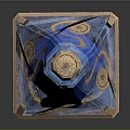 Tall Blue Glass Vase With Intricate Golden Swirl Patterns And Geometric Base