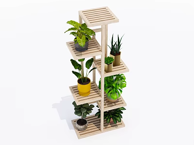 Stylish Wooden Multi tiered Garden Plant Stand with Various Green Potted Plants 3d model