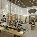 Modern Chinese Style Specialty Store Interior With Display Cabinets Exhibition Counters And Chandeliers