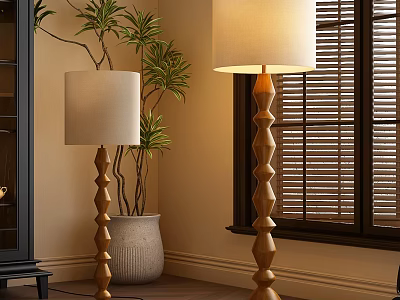 Elegant Floor Lamps With Textured Wooden Poles And Linen Shades Near Window And Green Plants 3d model