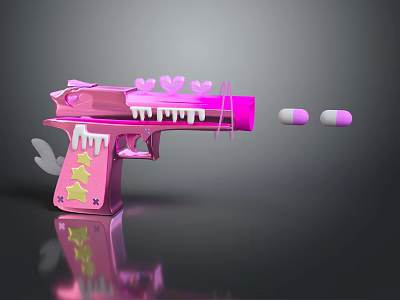 Decorative Pink Gun Featuring Heart Star Wing Accents White Drizzle Design And Pink White Capsules 3d model