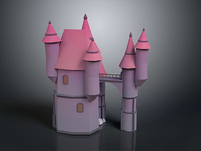 Cartoon Castle Scene With Pink Spire Roofs Multiple Towers And Small Windows 3d model