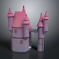 Cartoon Castle Scene With Pink Spire Roofs Multiple Towers And Small Windows