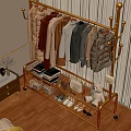 Bedroom Interior With Golden Clothes Rack Hanging Coats Storage Rack Folded Clothes And Plush Toy