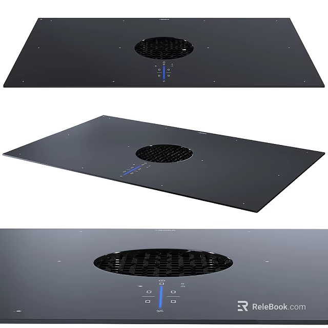 Modern Kitchen Range Hood With Black Panel Circular Vent And Blue Accents 3d model 