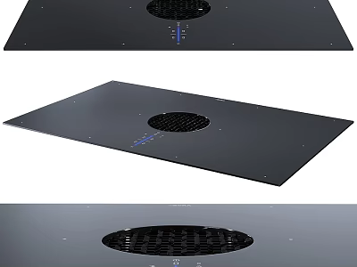 Modern Kitchen Range Hood With Black Panel Circular Vent And Blue Accents 3d model