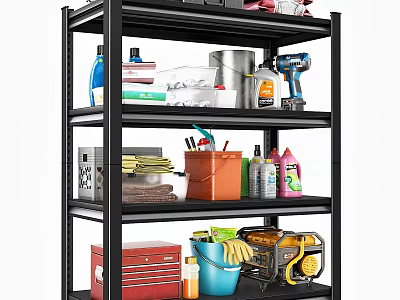 Black Multi Tier Metal Storage Shelf With Cleaning Supplies Toolbox And Storage Bins 3d model