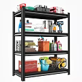 Black Multi Tier Metal Storage Shelf With Cleaning Supplies Toolbox And Storage Bins