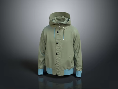 Light Green Hooded Jacket With Light Blue Cuffs And Button Front Casual Style 3d model
