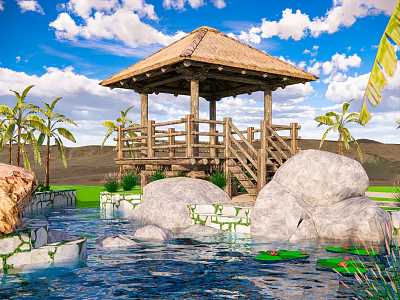 Tranquil Outdoor Landscape With Thatched Pavilion Wooden Deck Large Rocks Pond Lily Pads Palm Trees 3d model