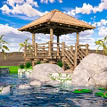 Tranquil Outdoor Landscape With Thatched Pavilion Wooden Deck Large Rocks Pond Lily Pads Palm Trees