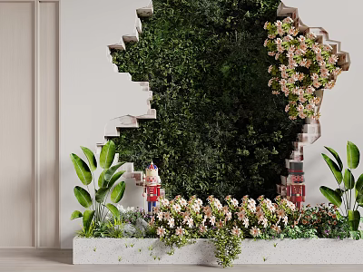 Green Plant Wall With Broken Design Pink Flowers Nutcracker Dolls And Lush Greenery 3d model