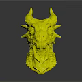 Artistic Red Dragon Head Sculpture Featuring Orange Horns Green Eyes And Spikes