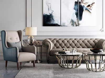 Elegant Living Room Sofa And Coffee Table Set With Accent Chair Artwork And Geometric Rug 3d model