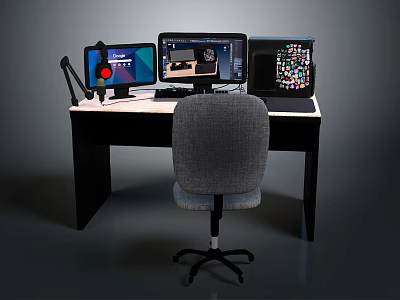 Modern Office Furniture Desk With Ergonomic Chair And Multiple Computer Monitors Microphone 3d model