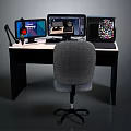 Modern Office Furniture Desk With Ergonomic Chair And Multiple Computer Monitors Microphone