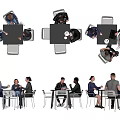 People Sitting Around Black Tables Having Business Discussions With Chairs In Meeting Scenes