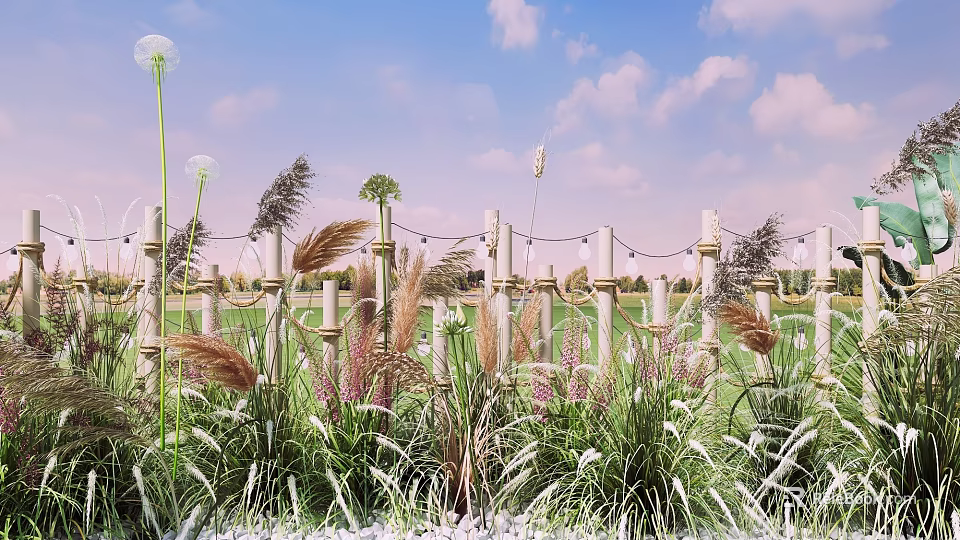 Outdoor Garden Landscape With Fence Grasses Flowers String Lights And Blue Sky 3d model