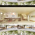 Dessert Café Interior Design with Hanging Lights Cozy Tables Chairs and Modern Counter