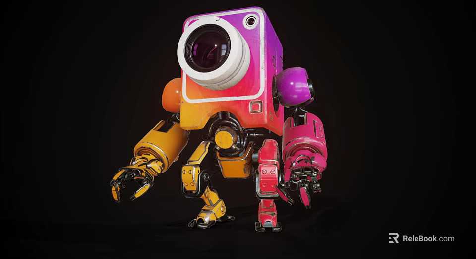 Colorful Cartoon Robot Character With Large Lens Head And Mechanical Limbs 3d model 