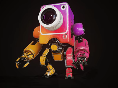 Colorful Cartoon Robot Character With Large Lens Head And Mechanical Limbs 3d model