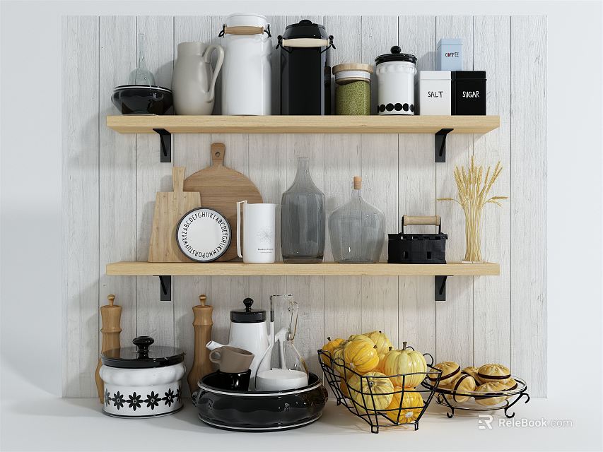 Stylish Kitchen Utensils Display on Wooden Shelves with Jars Mugs Chopping Board and Fruit Baskets 3d model 