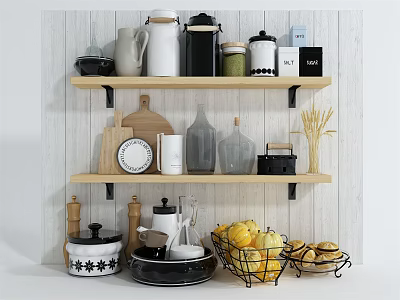 Stylish Kitchen Utensils Display on Wooden Shelves with Jars Mugs Chopping Board and Fruit Baskets 3d model