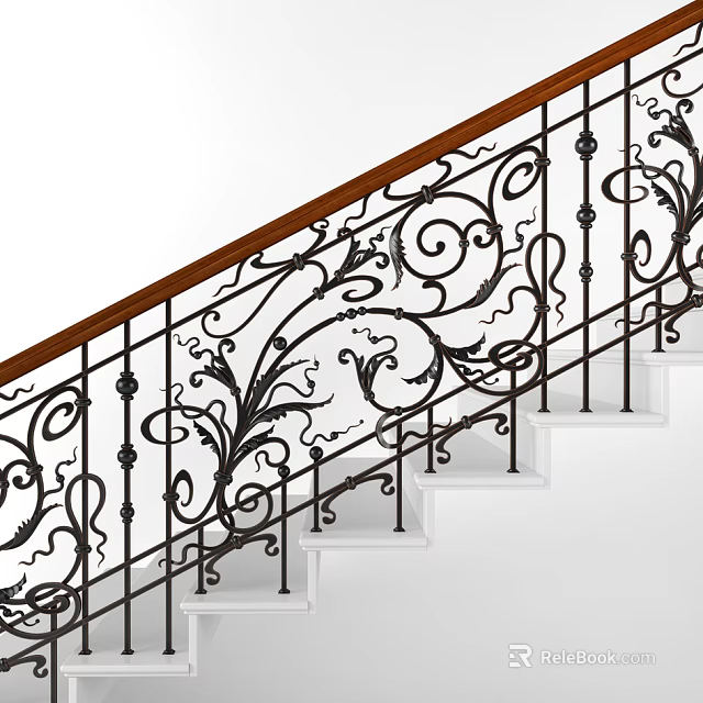 Stair Railing With Ornate Ironwork Wooden Handrail And Intricate Scroll Patterns 3d model 