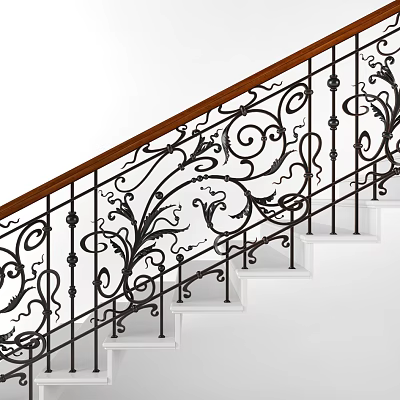 Stair Railing With Ornate Ironwork Wooden Handrail And Intricate Scroll Patterns 3d model