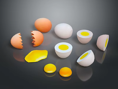 Chicken Eggs Displayed As Whole Broken Shells With Yolk And White Parts 3d model